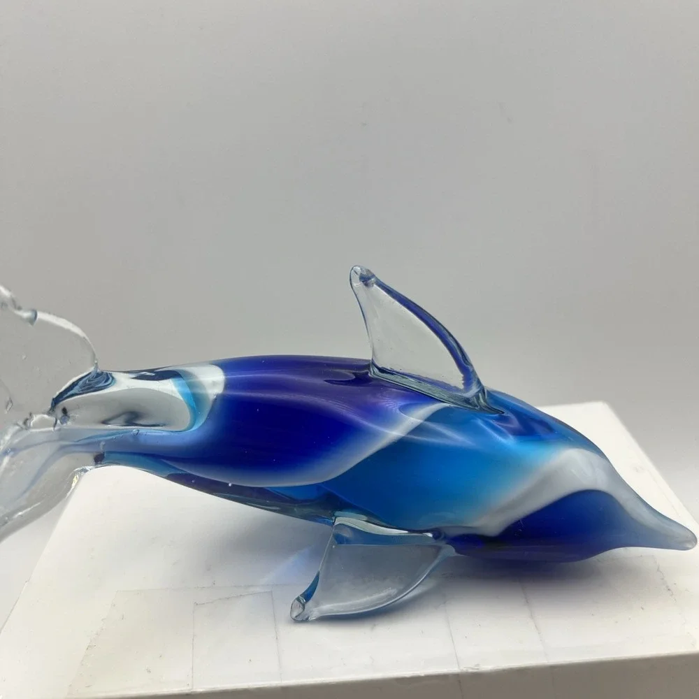 Vintage Hand Blown Art Glass Dolphin Figurine Blue White Swirl Paperweight 6